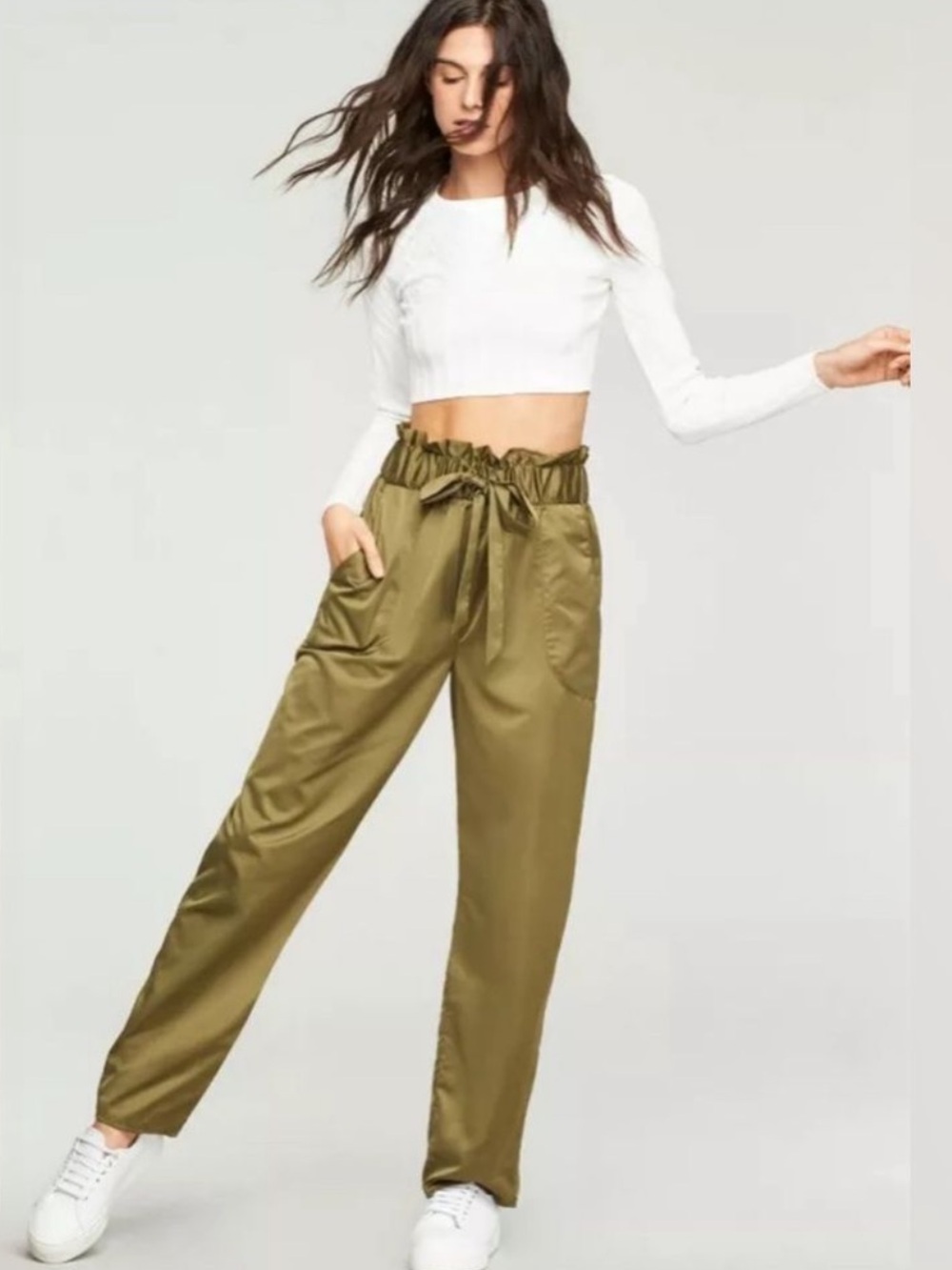 MILLY Kori Paperbag Gathered Waist Wide-Leg Satin Trouser Pants Olive Green